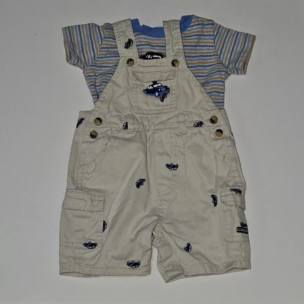First Impressions Shirt Shortalls Outfit Tan Blue Embroidered Cars 6/9 Months